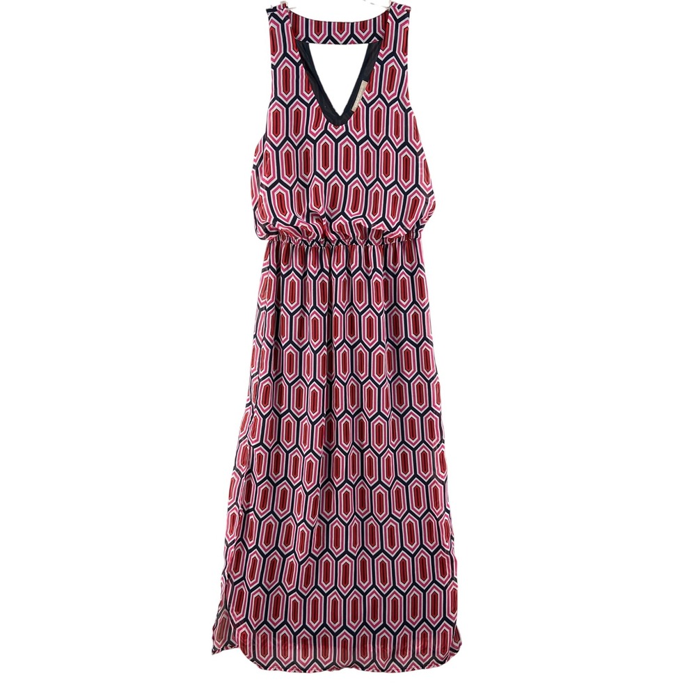Banana Republic Dress 10P Petite Geometric Maxi Red Navy Pink Sleeveless V-Neck